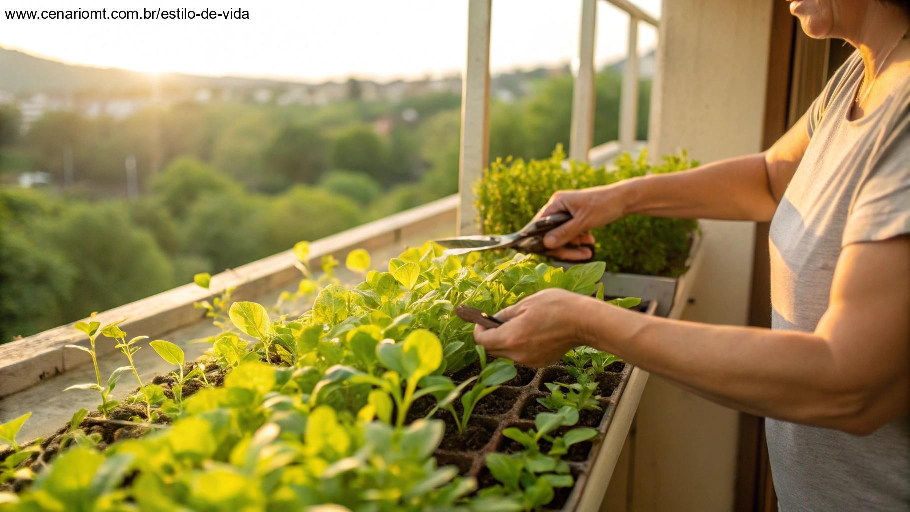 Pessoa podando hortaliças em um jardim de apartamento