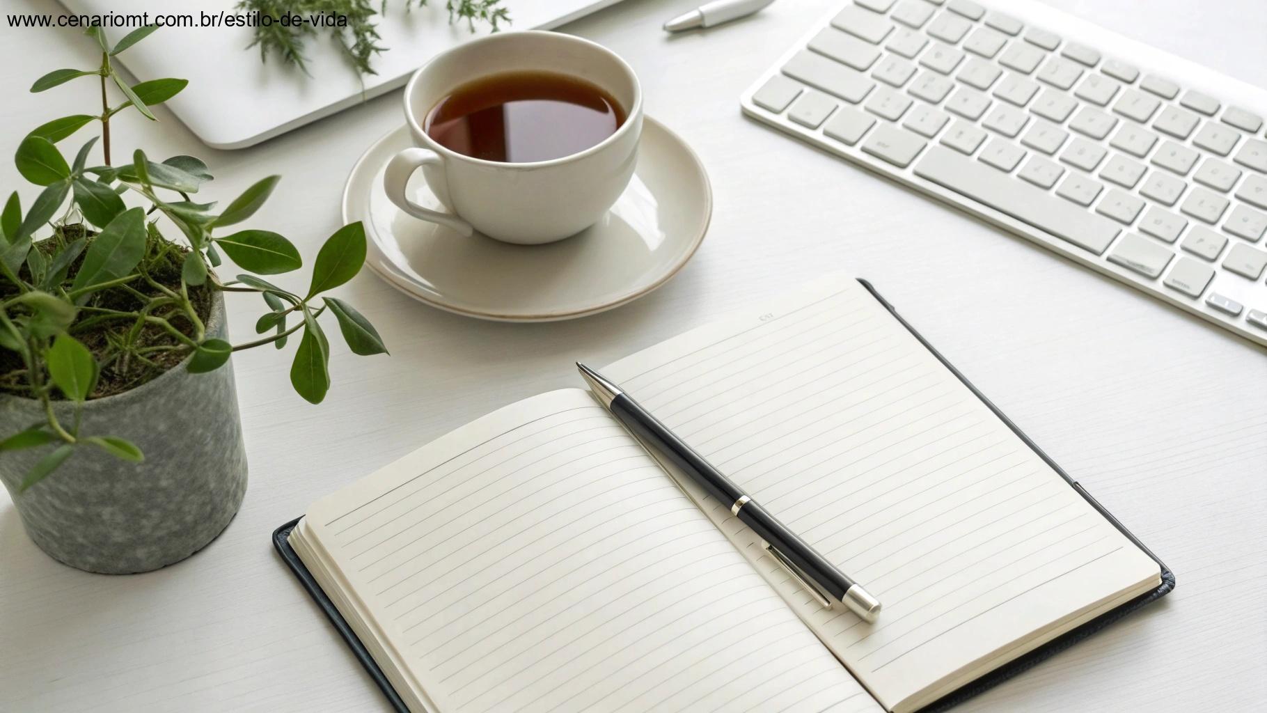 Escritório organizado com caderno, xícara de chá e pequena planta, simbolizando preparação e atenção plena para a semana