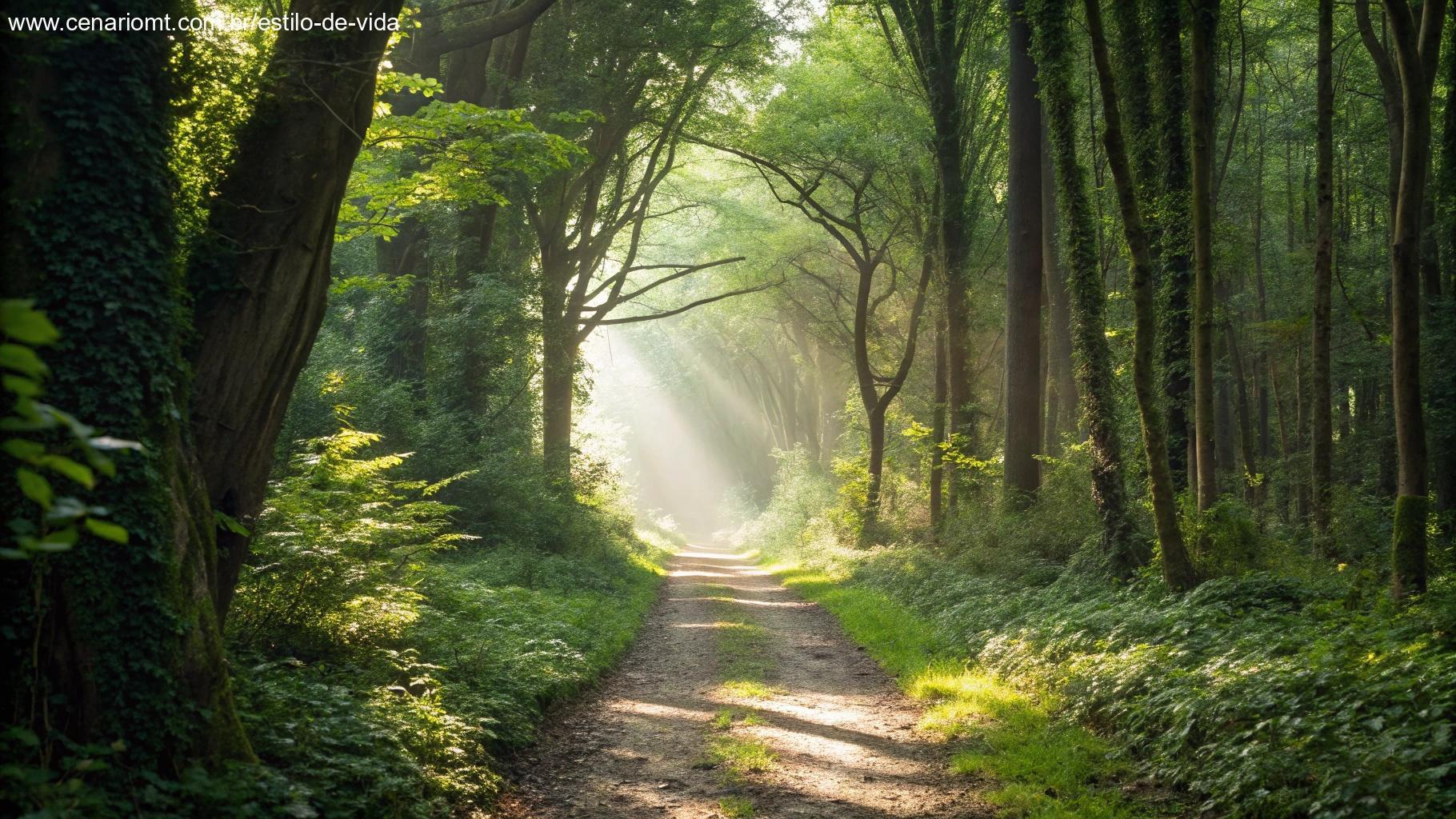 Caminho tranquilo através de uma floresta com raios de sol entre as árvores
