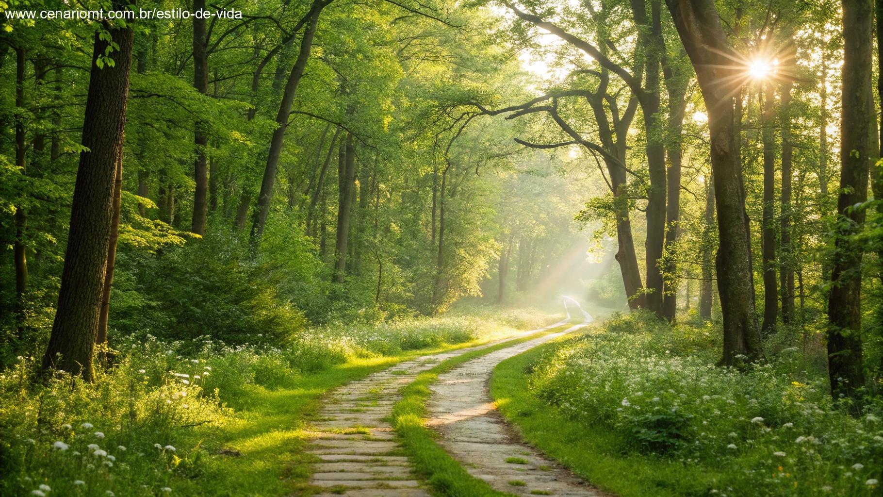 Um caminho sinuoso através de uma floresta iluminada pelo sol levando em direção a uma clareira brilhante à distância
