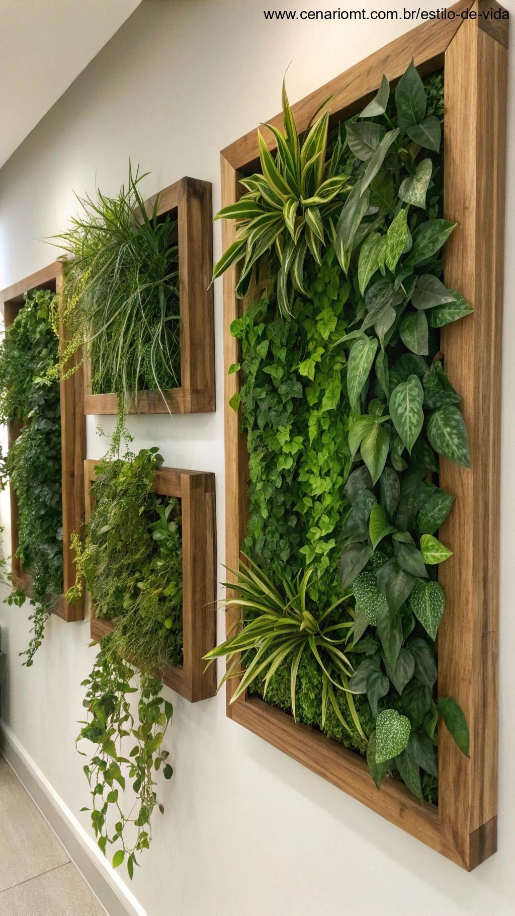 Quadros vivos com molduras de madeira e plantas naturais