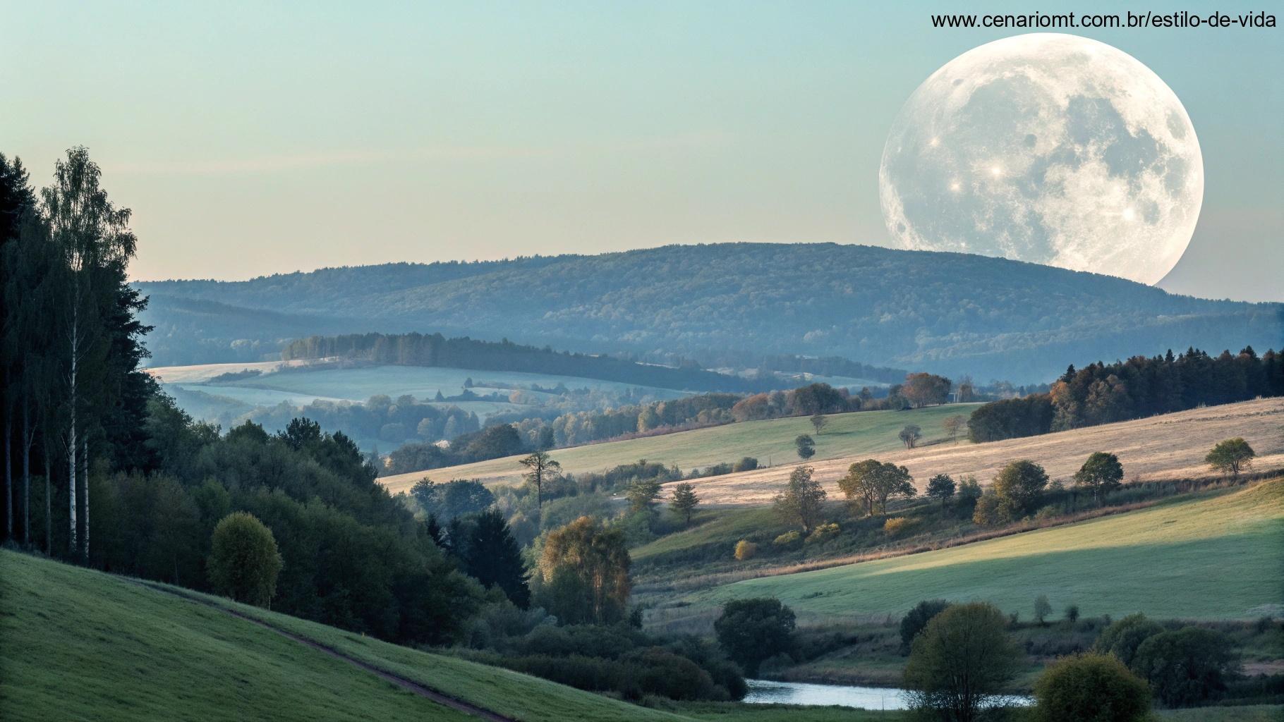 Lua Gibosa Minguante sobre uma paisagem campestre tranquila ao anoitecer