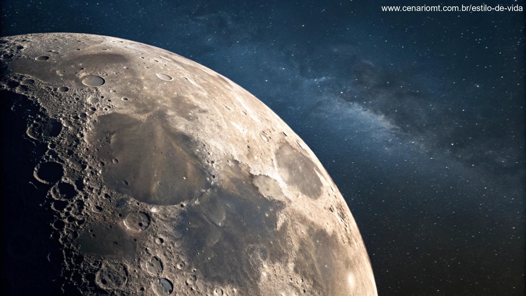 Imagem detalhada da fase Minguante da Lua, com a divisão entre os lados iluminado e sombreado.