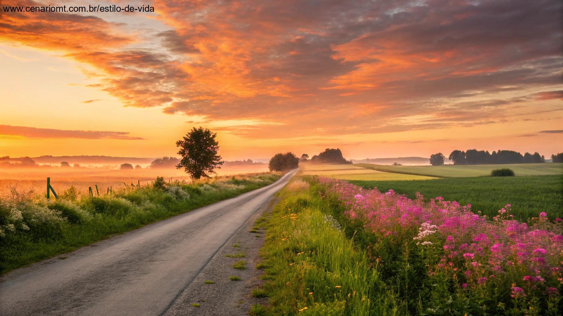 Nascer do sol vibrante em uma estrada rural com flores, simbolizando um recomeço abençoado