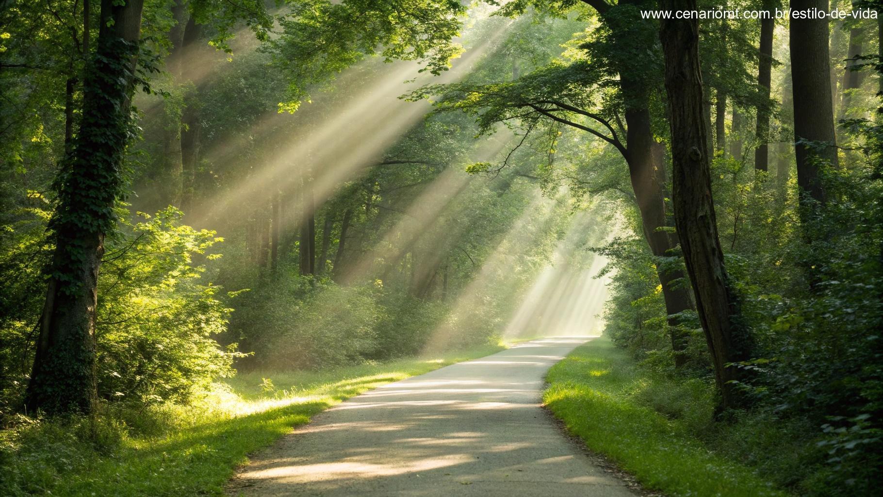 Imagem suave e inspiradora de um caminho tranquilo através de uma floresta verdejante com raios de sol atravessando as árvores, simbolizando orientação pela fé no domingo.