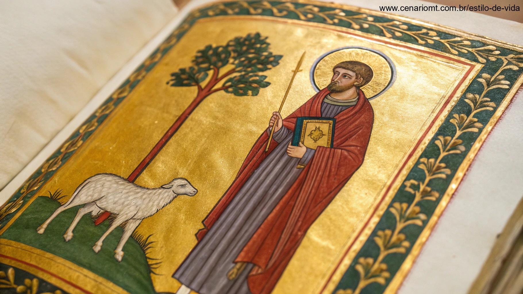 Página de manuscrito antigo representando um santo com auréola e trajes sacerdotais