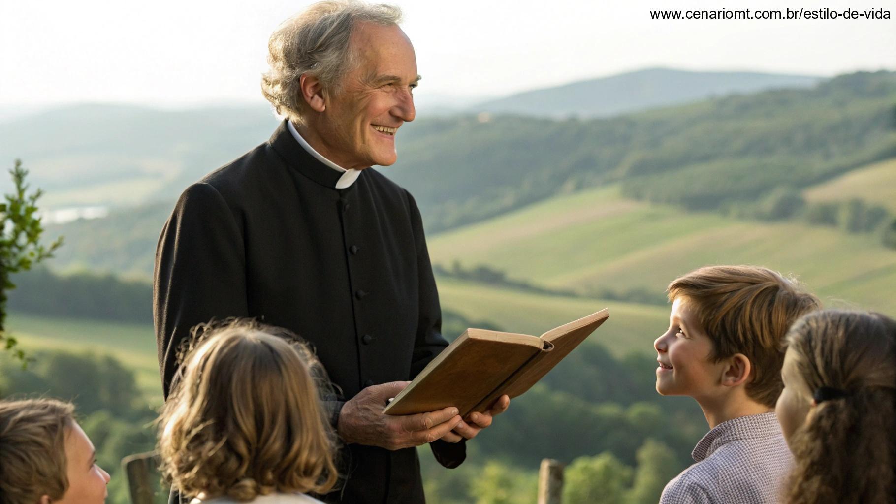 Homem idoso de rosto sereno vestindo traje sacerdotal do século XIX, segurando um livro e sorrindo para crianças, com paisagem campestre ao fundo