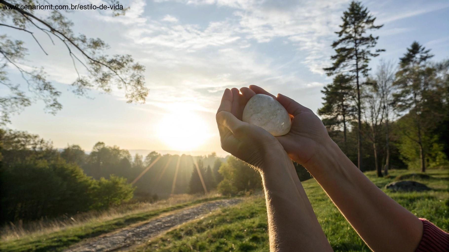 Mãos segurando pedra da gratidão em manhã ensolarada
