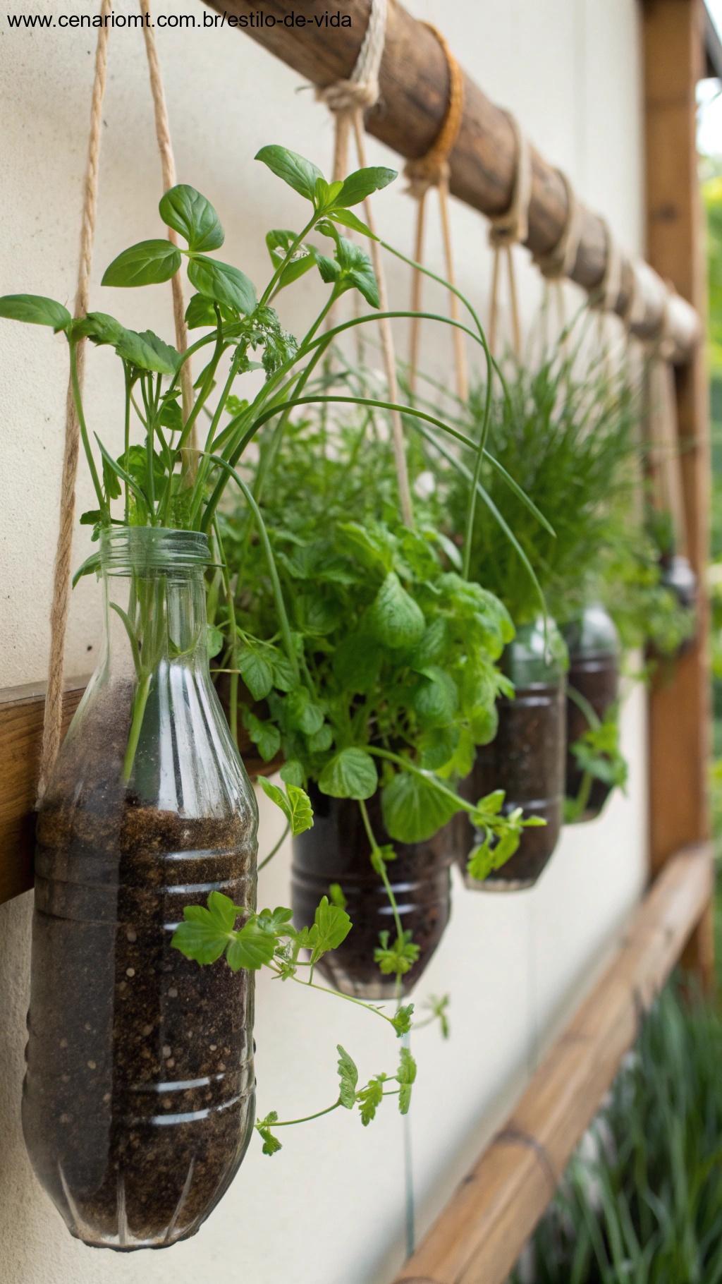 garrafas PET recicladas usadas como vasos suspensos