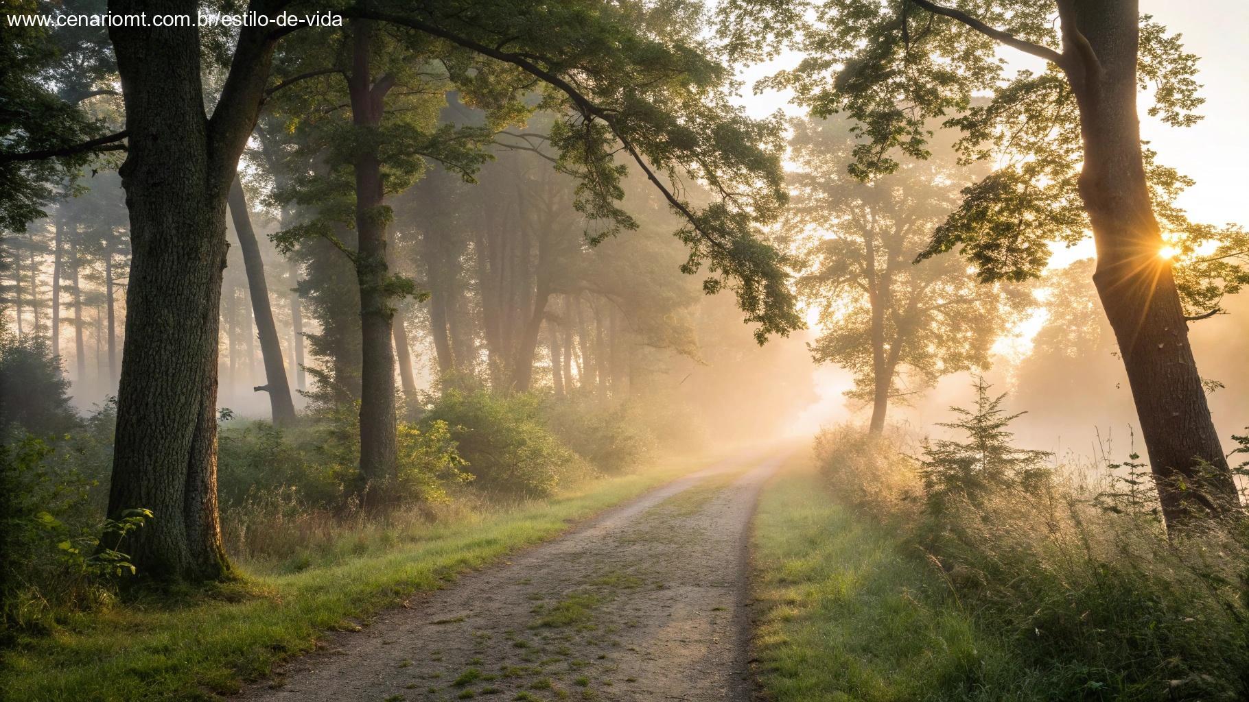 Nascer do sol em trilha na floresta com névoa leve e atmosfera espiritual