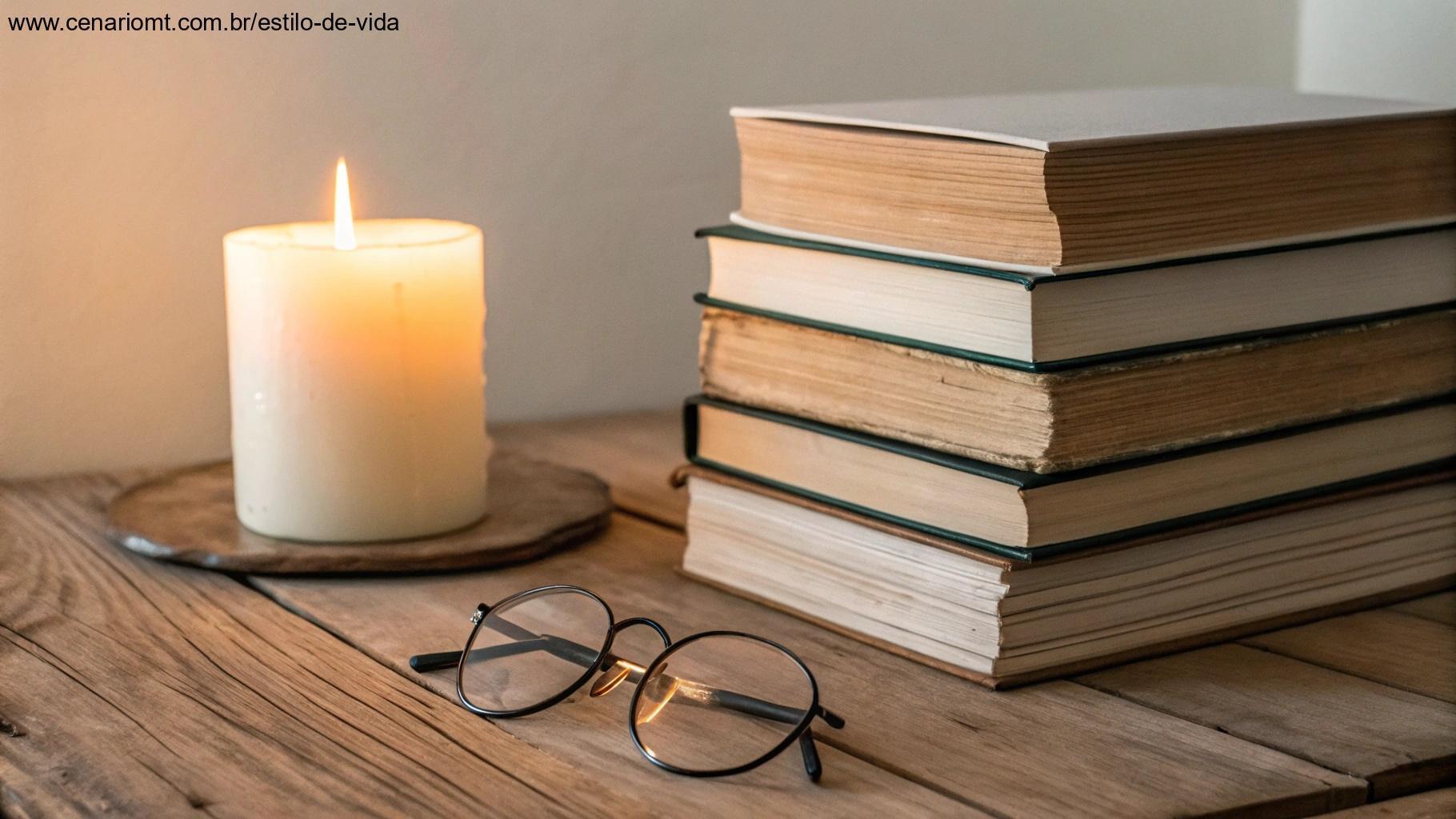 Pilha de livros sobre espiritualidade e fé ao lado de uma vela acesa e óculos de leitura