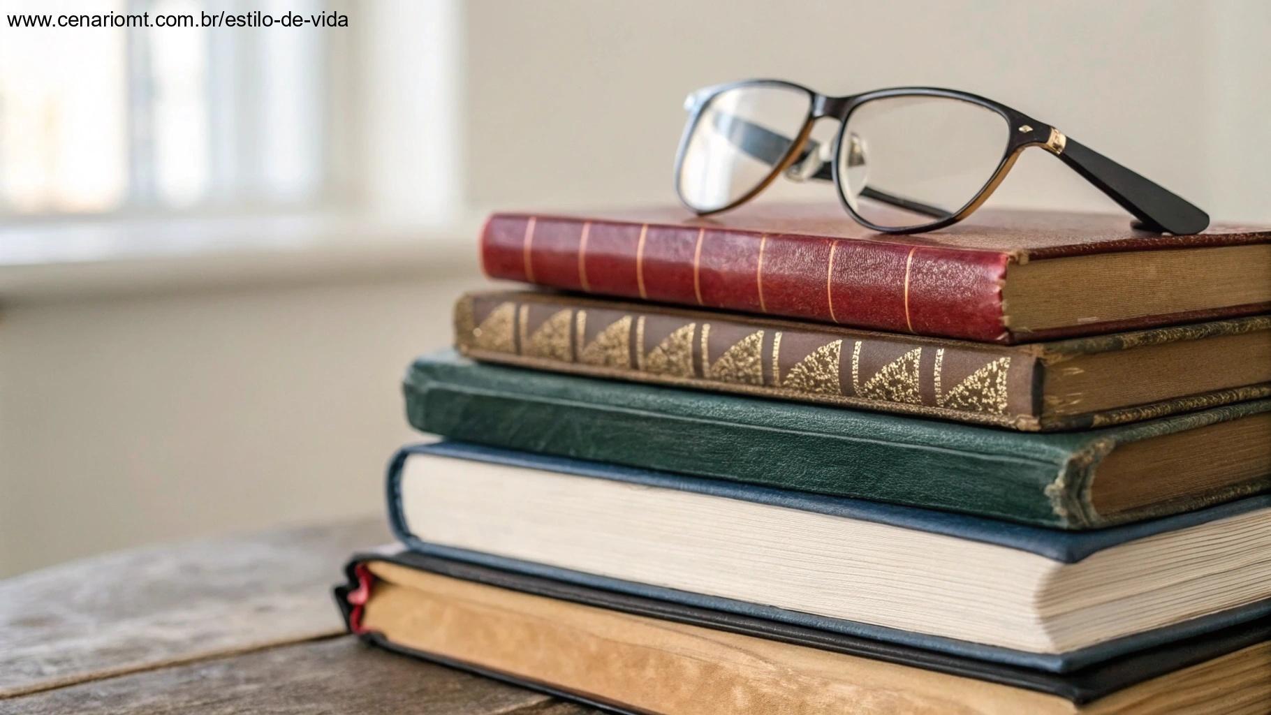 Pilha de textos religiosos com capas coloridas, organizados de forma harmoniosa com óculos de leitura em cima