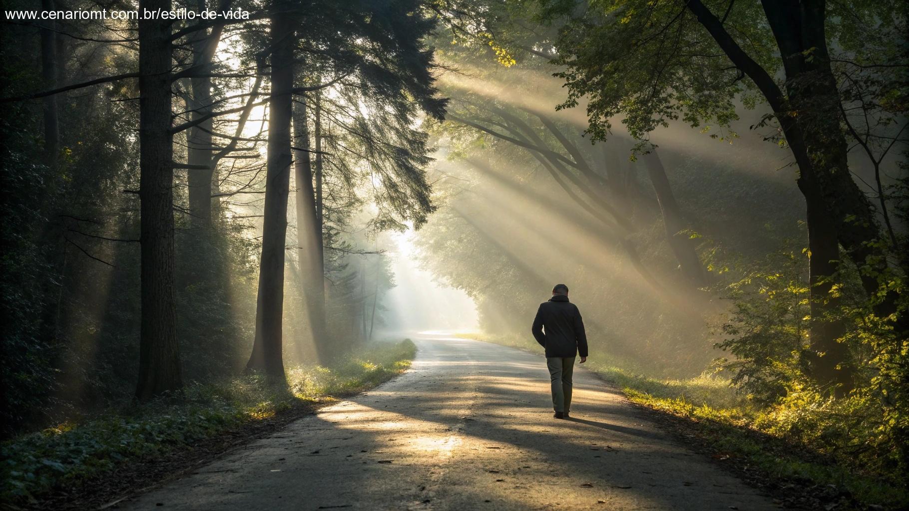 Pessoa caminhando em reflexão por uma trilha na floresta iluminada pela manhã