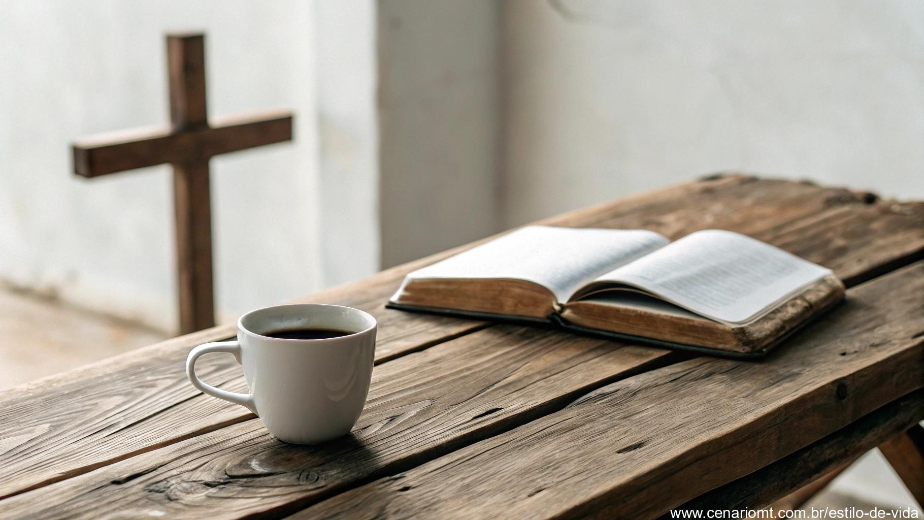 Mesa rústica com caderno aberto e xícara de café, cruz visível ao fundo