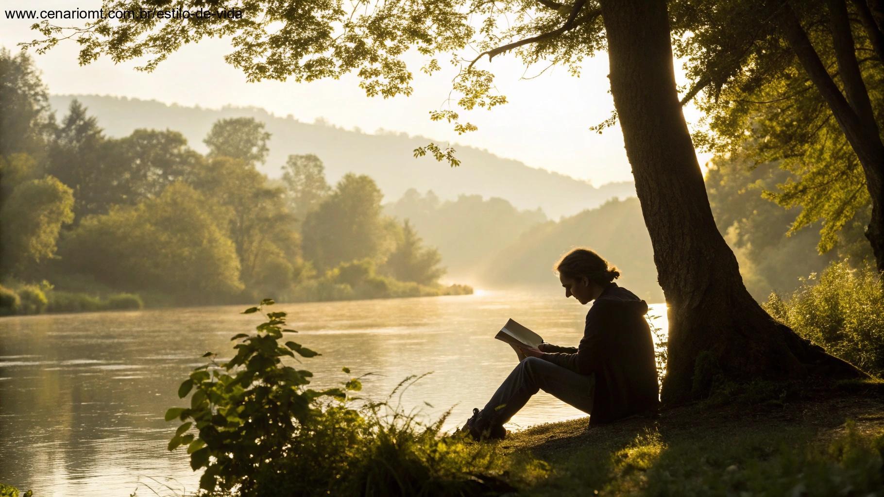 Pessoa lendo próximo a um rio cercado por natureza