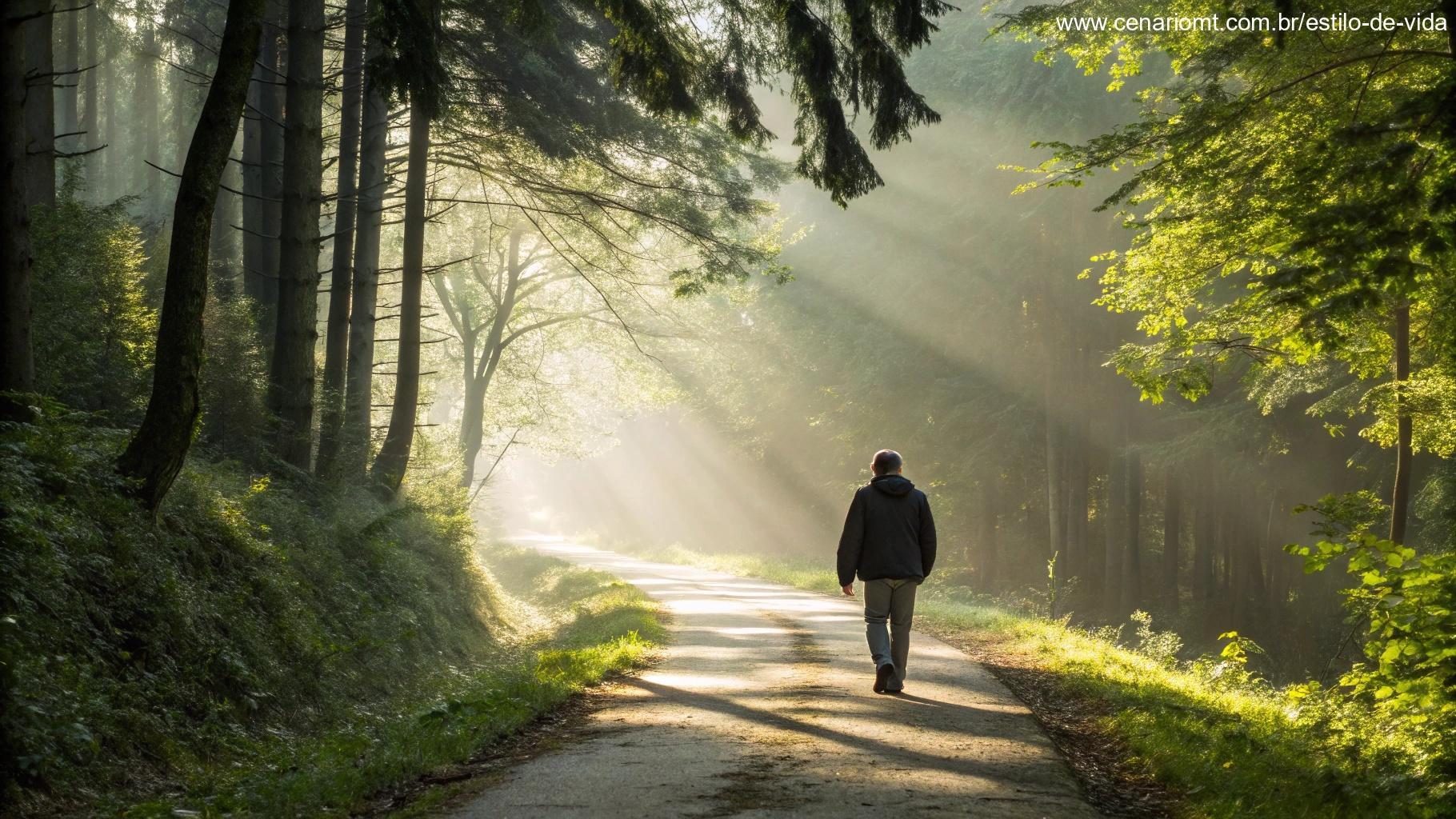 Pessoa caminhando por uma trilha na floresta com luz suave atravessando as árvores