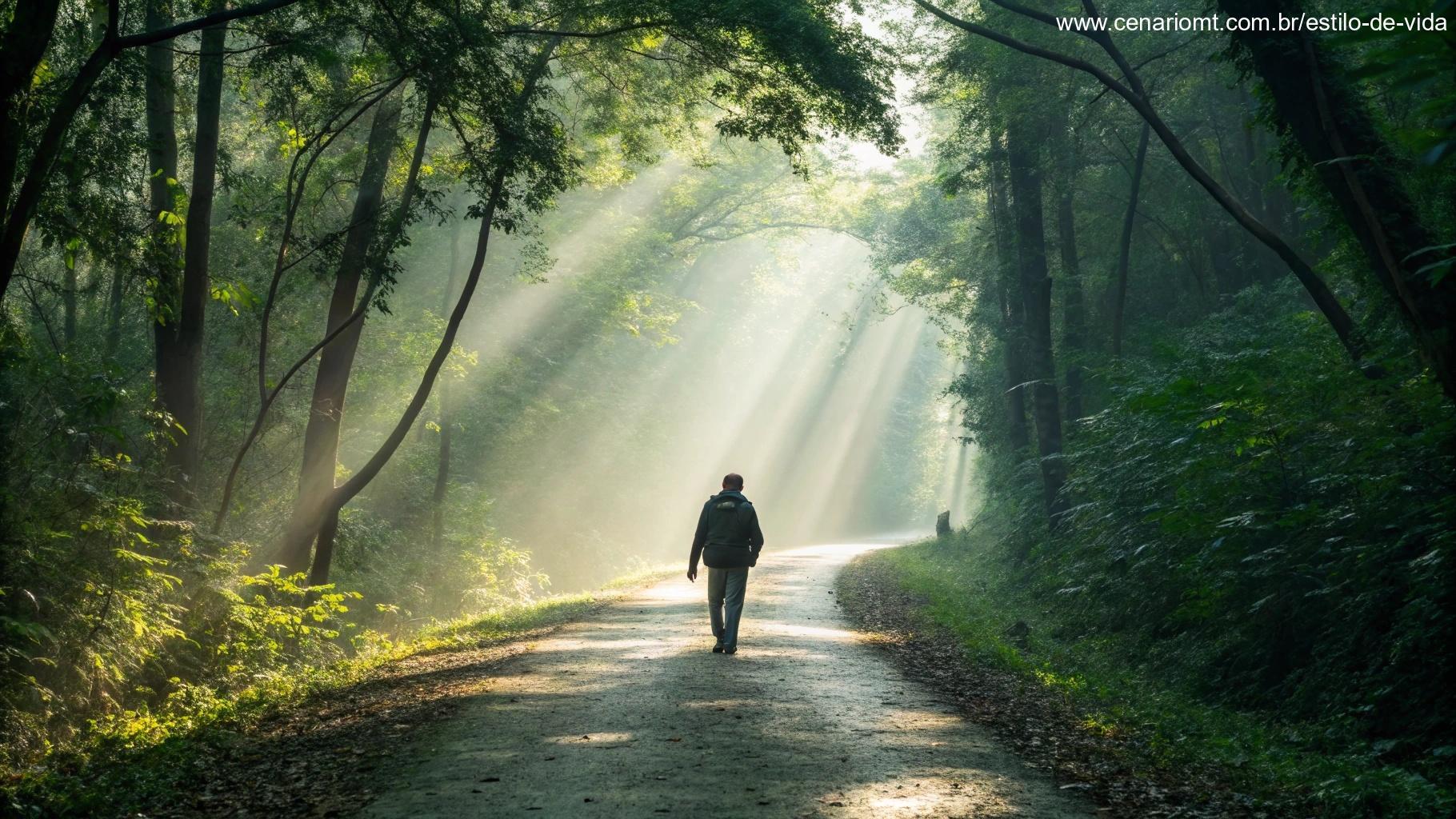 Pessoa caminhando com confiança por uma trilha iluminada em meio à natureza