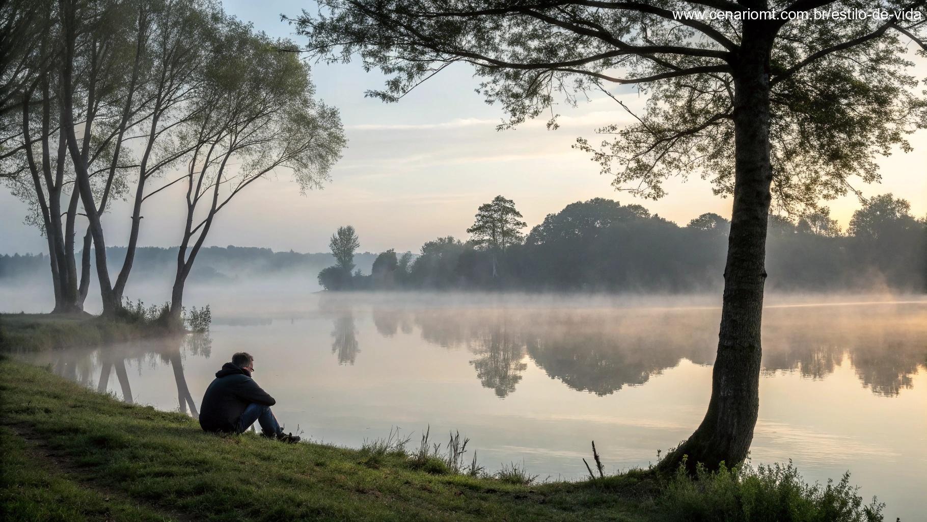 Paisagem tranquila com pessoa meditando perto de um lago calmo, clima de reflexão