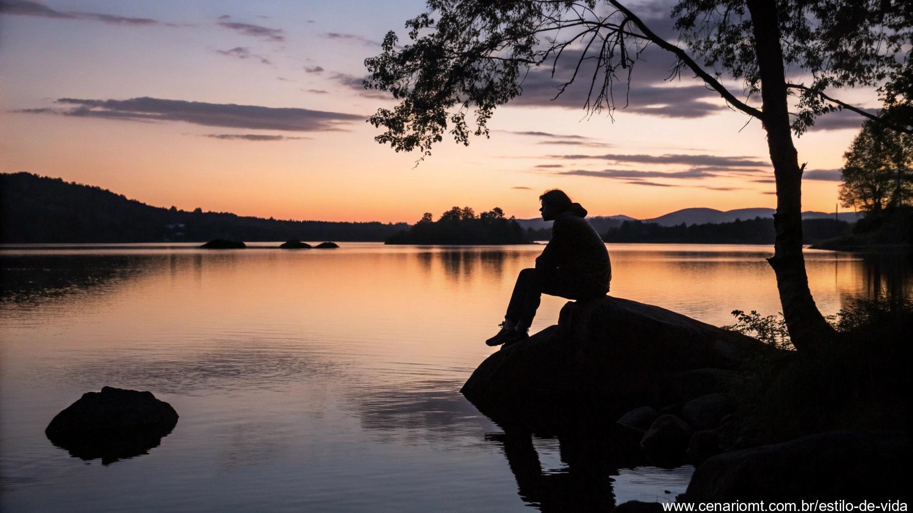 Pessoa sentada em uma pedra à beira de um lago ao entardecer