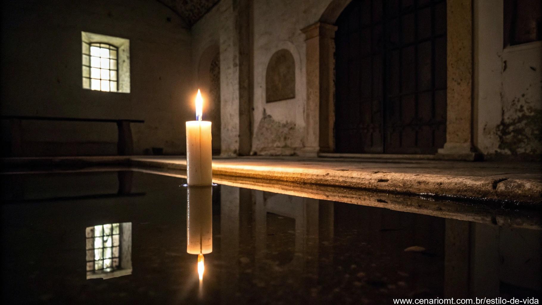 Vela acesa em um ambiente escuro com sua chama perfeitamente imóvel, refletida em uma superfície de água parada