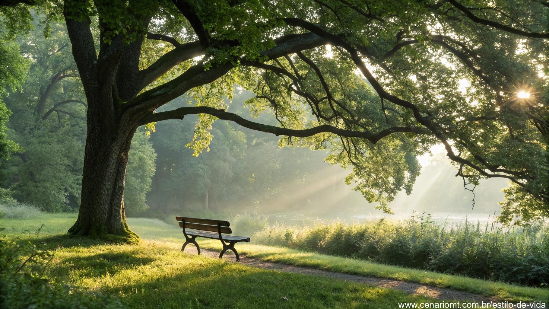 Banco de praça tranquilo sob uma árvore grande com luz filtrada pelas folhas, convidando à reflexão e meditação