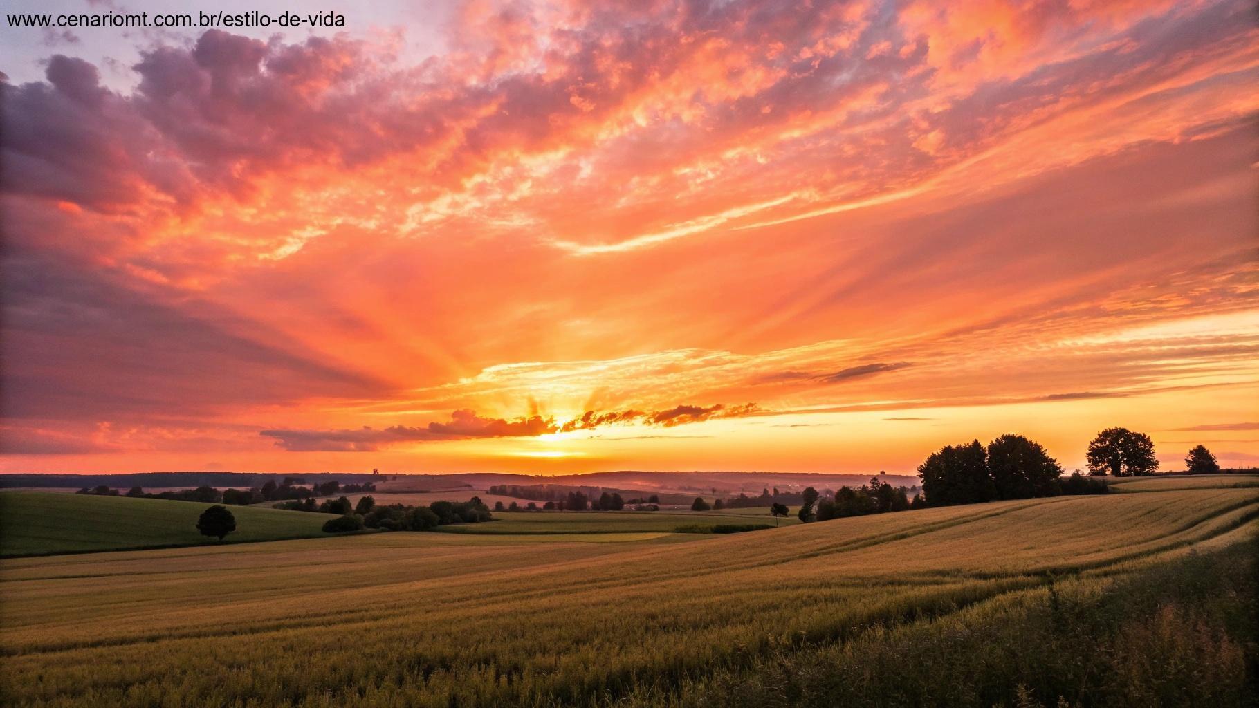 Um pôr do sol radiante sobre um campo, simbolizando a reflexão do evangelho e a luz da fé.