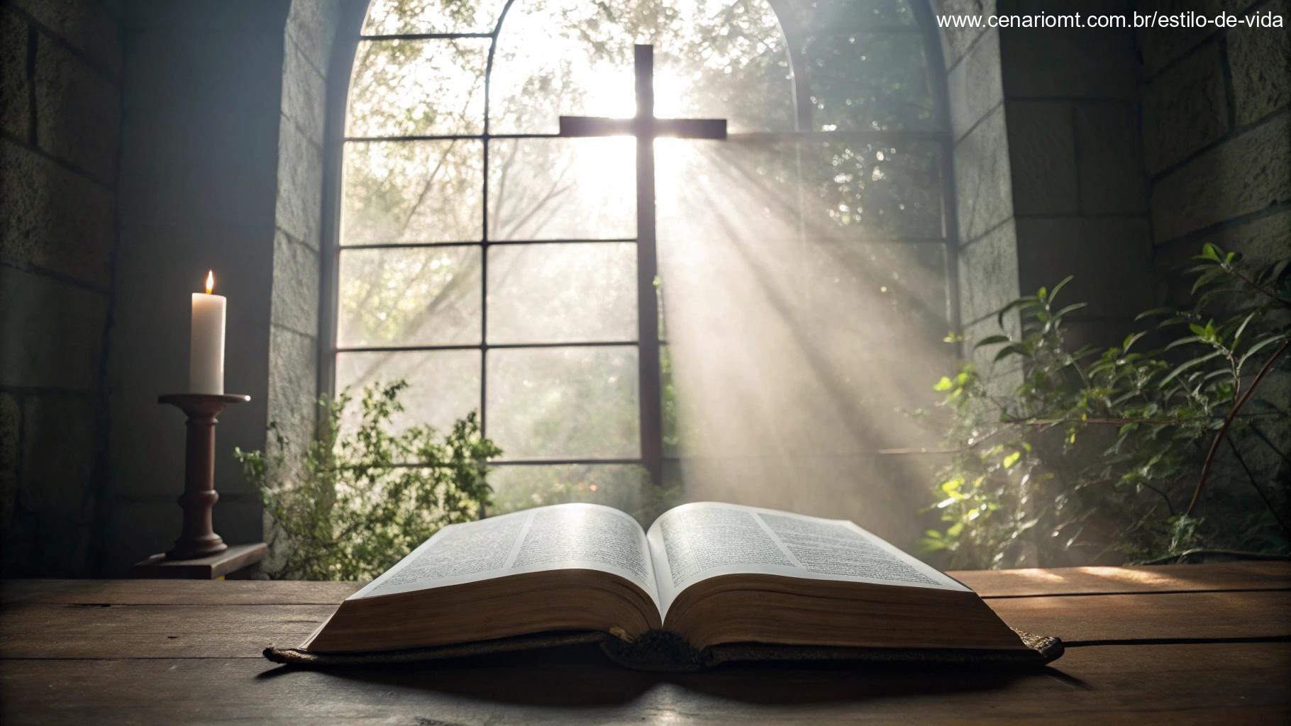 Imagem simbólica de reflexão do evangelho com luz suave entrando por uma janela da igreja sobre uma Bíblia aberta.