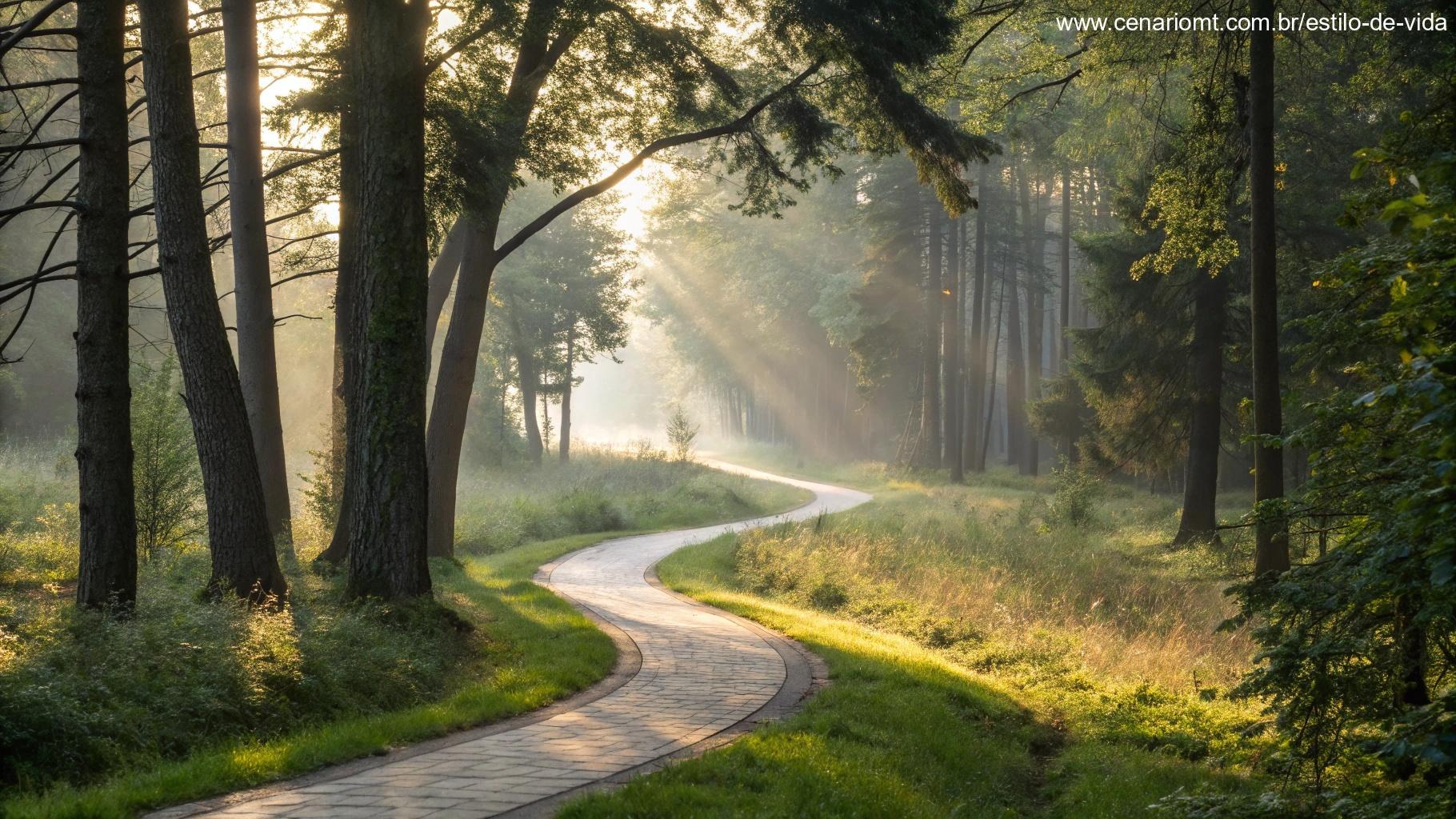 Caminho na floresta iluminado pela luz da manhã, simbolizando jornada espiritual