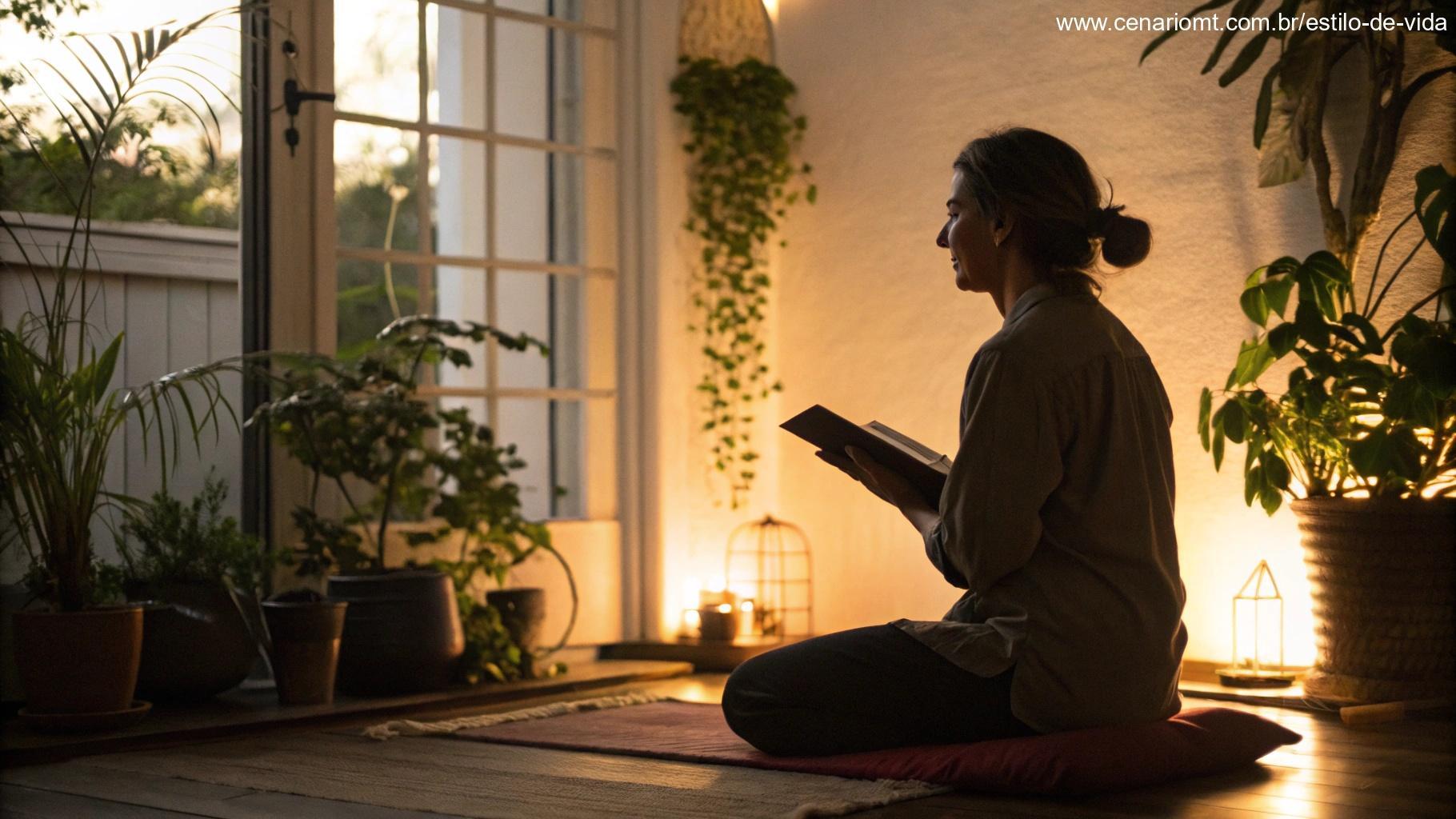 Pessoa em casa refletindo com a Bíblia nas mãos em um ambiente calmo