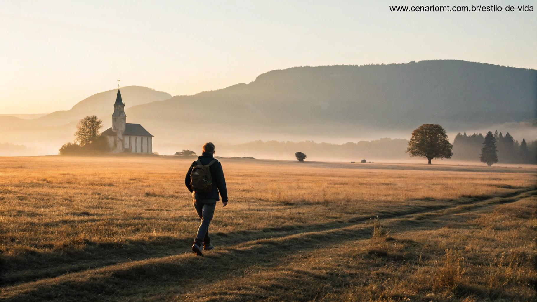 Viajante solitário caminhando em direção a uma igreja ao amanhecer