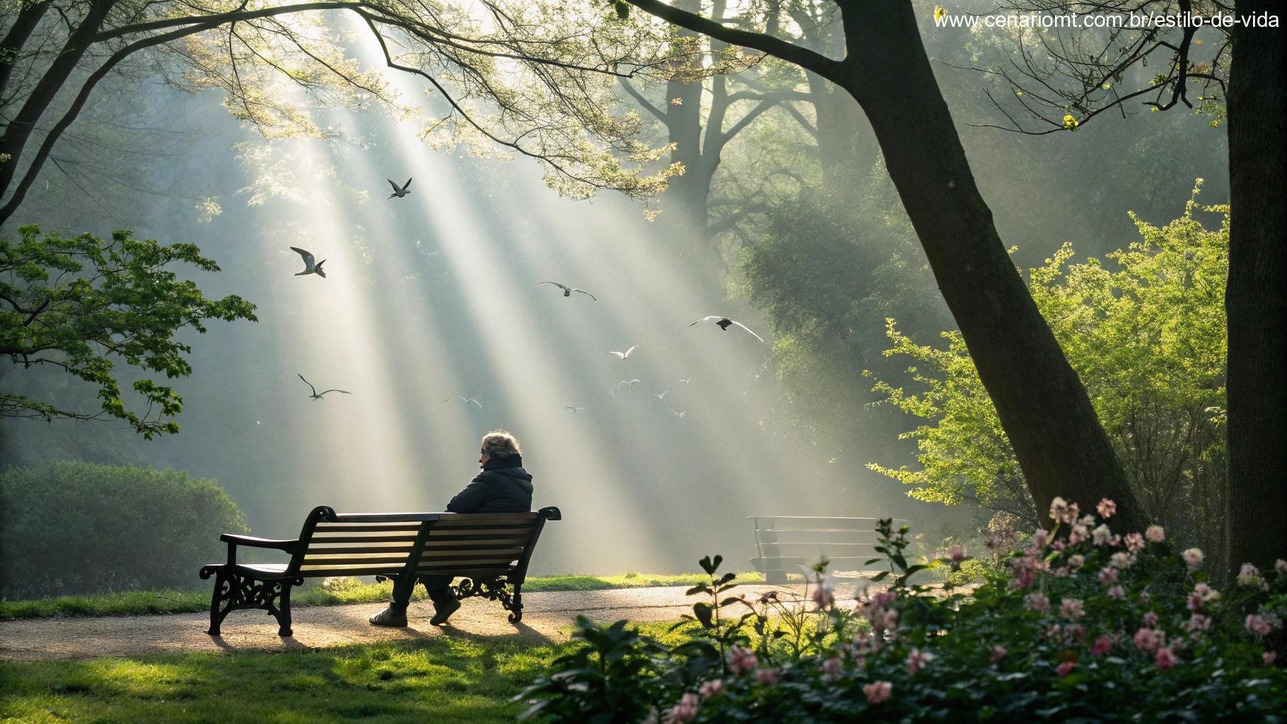 Imagem de um domingo tranquilo com luz do sol e uma pessoa refletindo em meio à natureza
