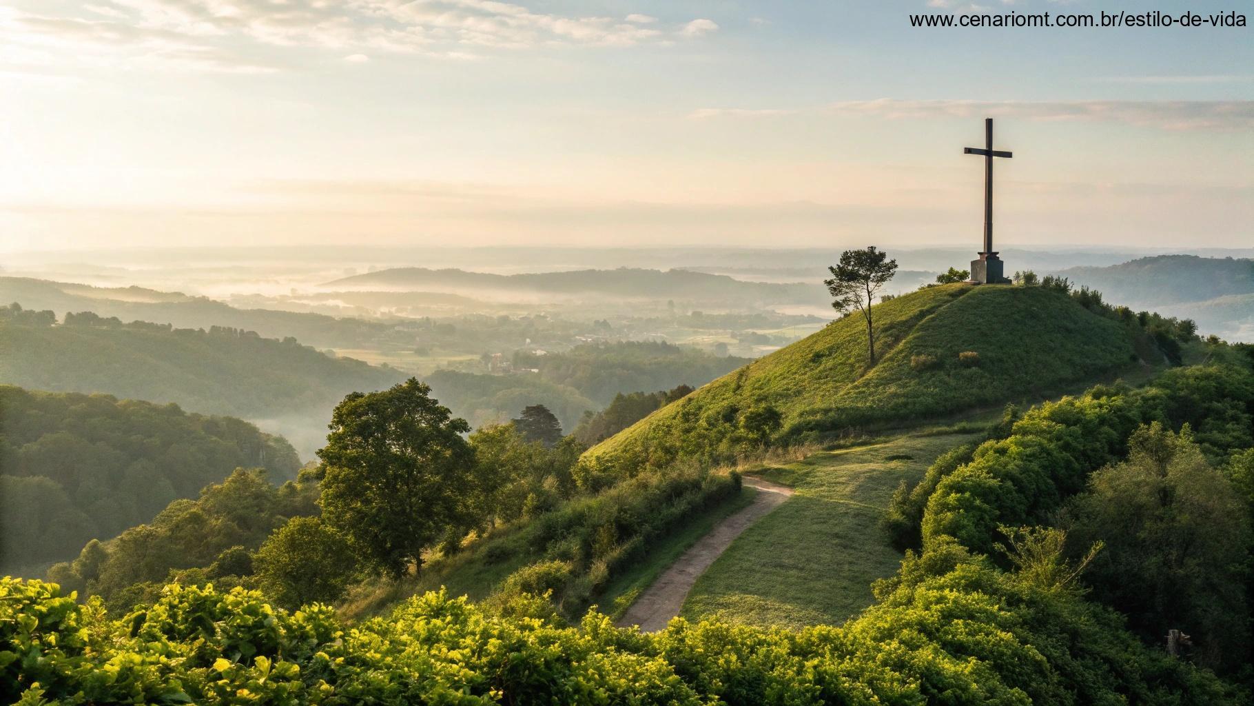 Paisagem calma e inspiradora com uma cruz no topo de uma colina, banhada pela luz suave do sol da manhã, cercada por vegetação exuberante.