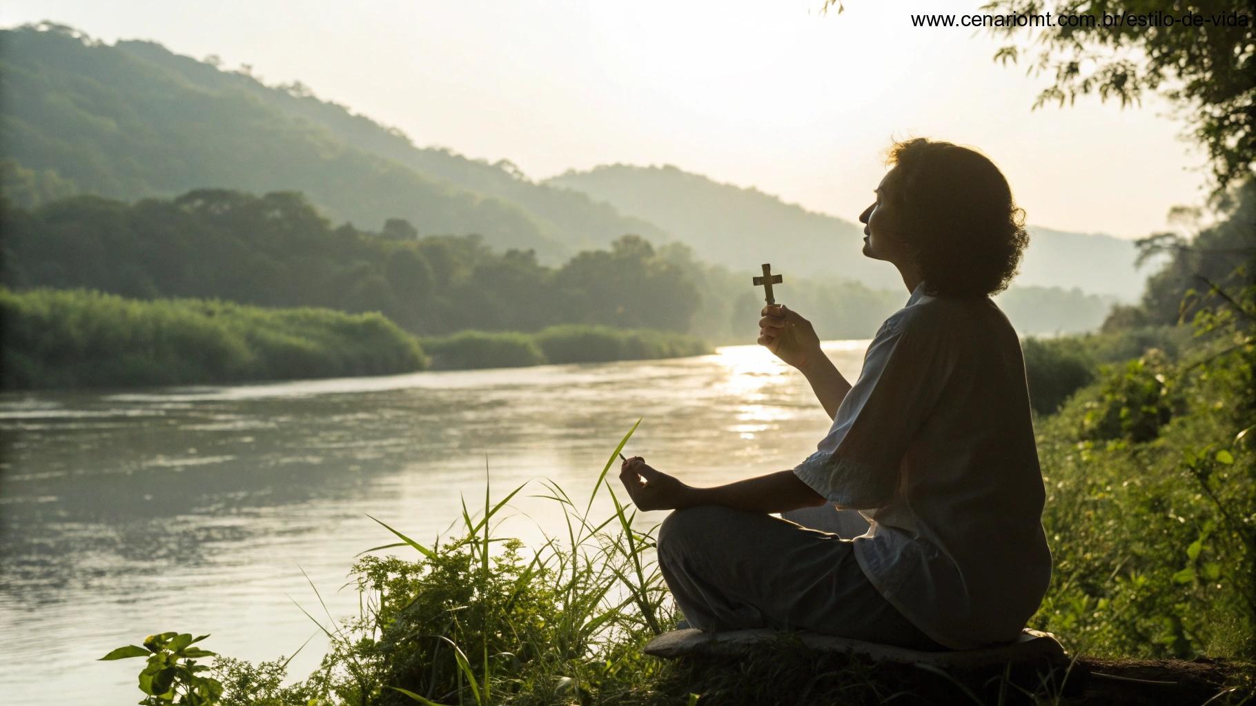 Pessoa meditando perto de um rio com uma cruz na mão, em um cenário sereno
