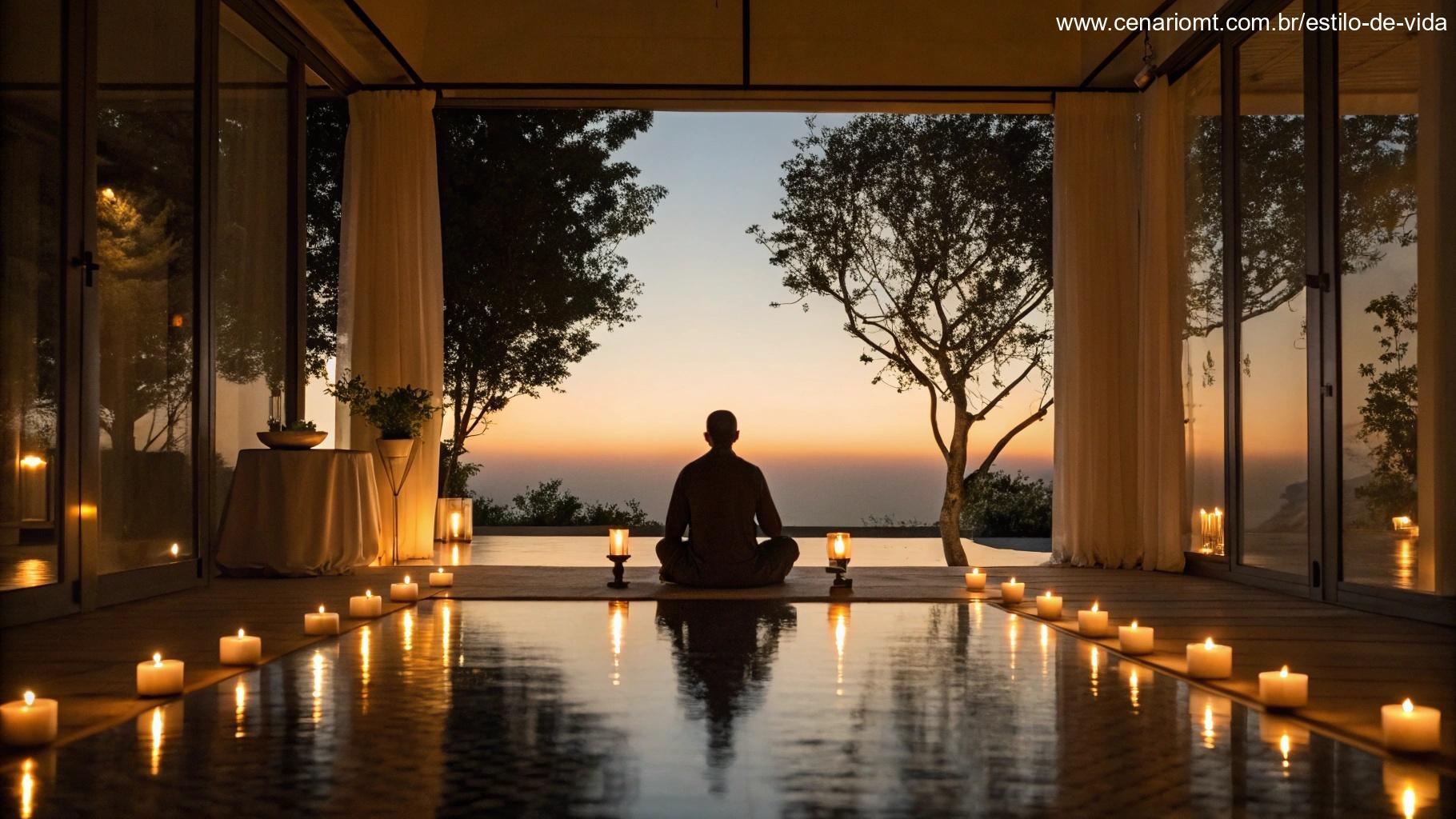 Pessoa meditando à luz de velas em ambiente tranquilo