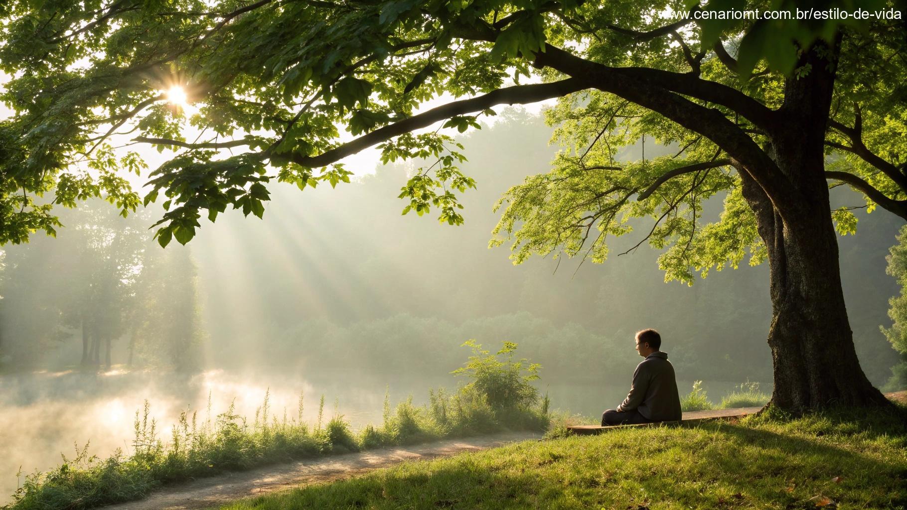 Imagem de luz suave filtrada através das folhas de uma árvore, criando uma atmosfera serena, representando paz e reflexão.