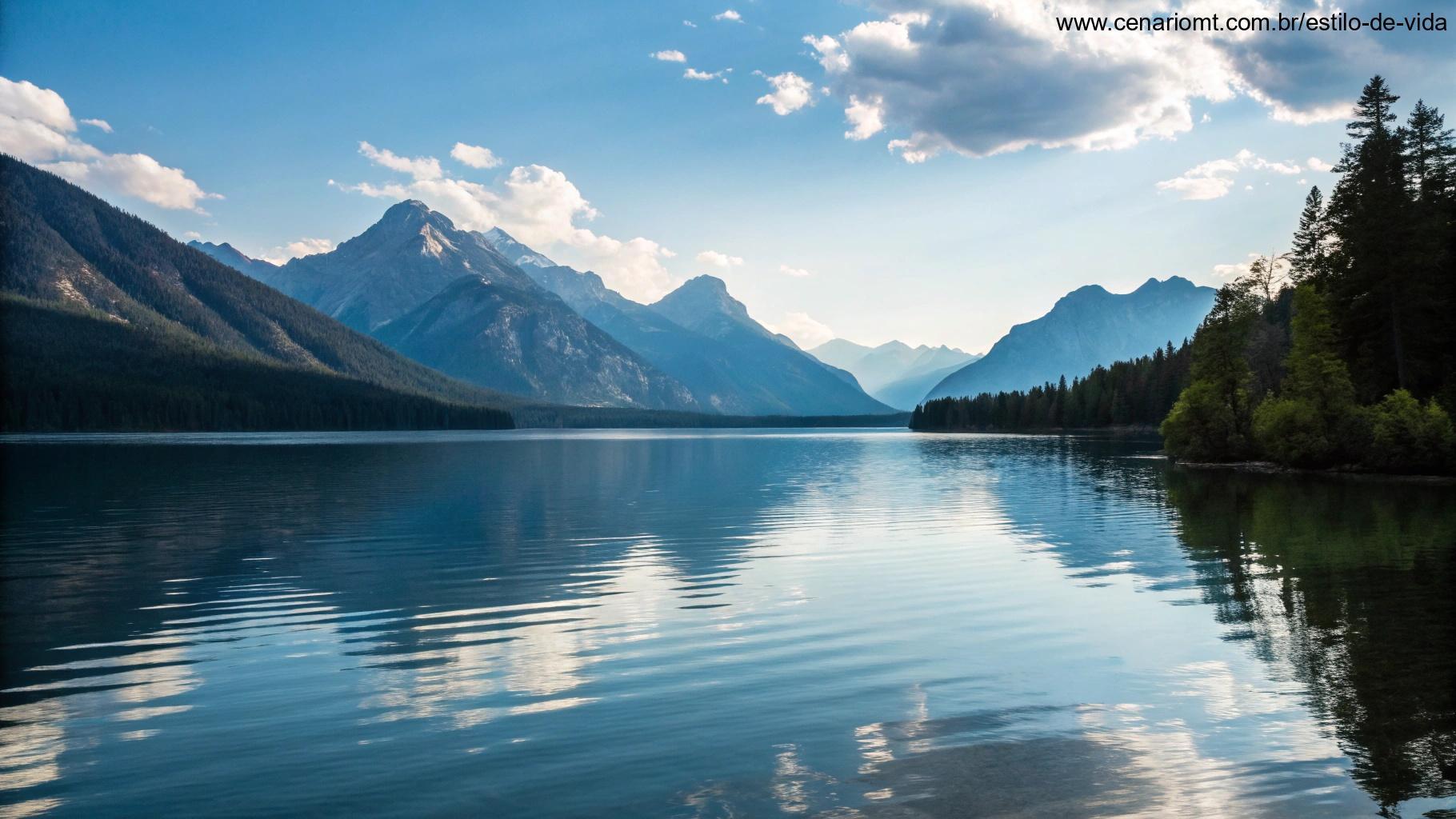 Lago calmo e reflexivo, cercado por montanhas, com ondas suaves e um céu claro, representando paz e oração.
