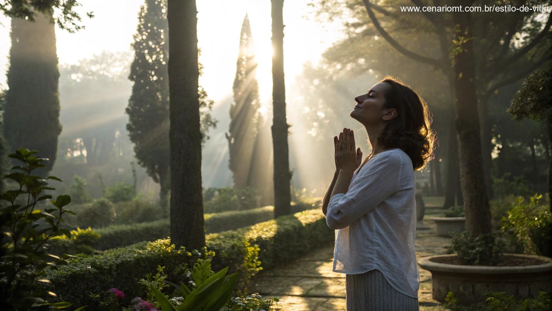 Mulher orando em um jardim ao amanhecer em momento de reflexão espiritual