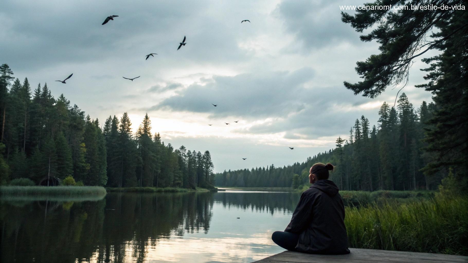 Pessoa meditando à beira de um lago calmo, cercada pela natureza, em um momento de reflexão