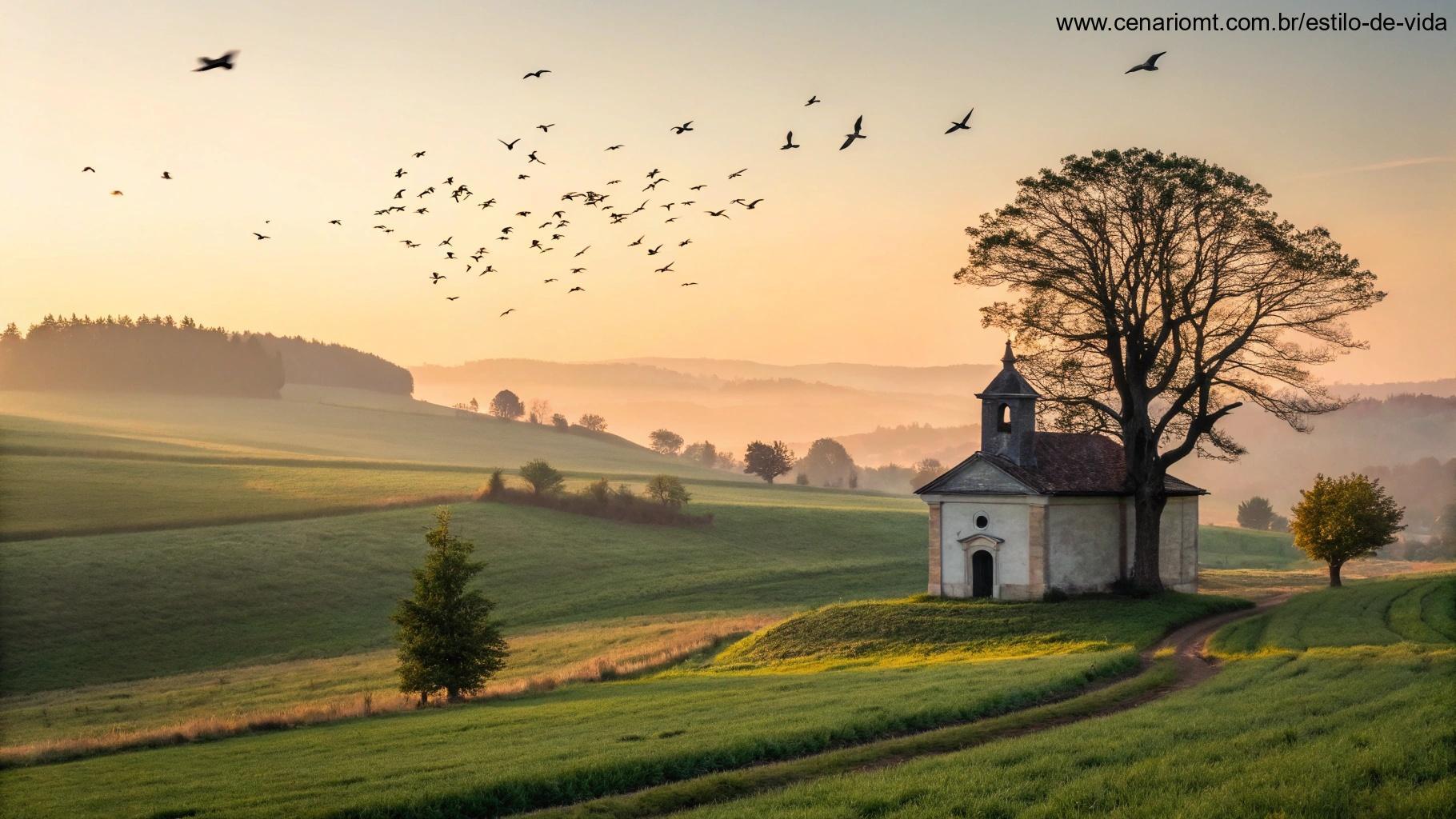 Capela ao amanhecer em uma paisagem rural tranquila com pássaros voando