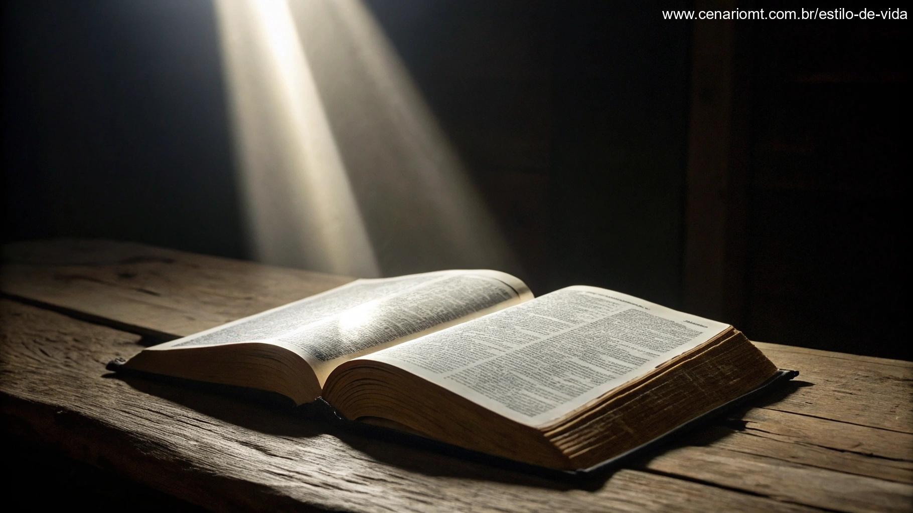 Imagem simbólica de uma Bíblia aberta com um feixe de luz iluminando-a, representando reflexão e a Palavra Viva de Deus.
