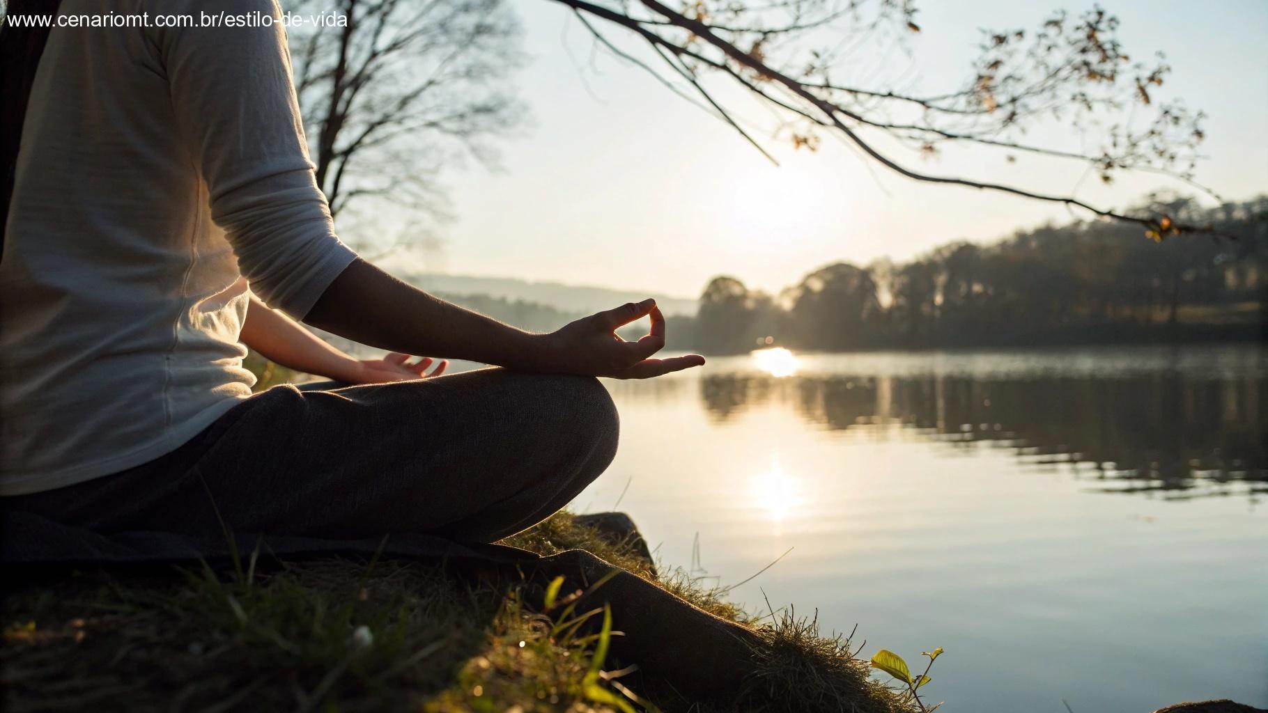 Pessoa em meditação tranquila à beira de um lago calmo, com uma aura suave de luz ao redor da cabeça