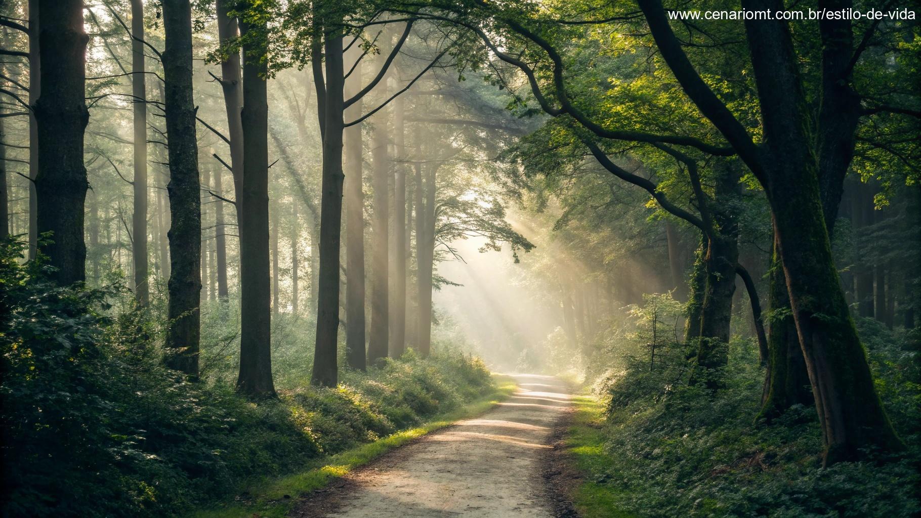 Imagem de uma trilha tranquila na floresta com luz suave filtrando entre as árvores, convidando à reflexão espiritual