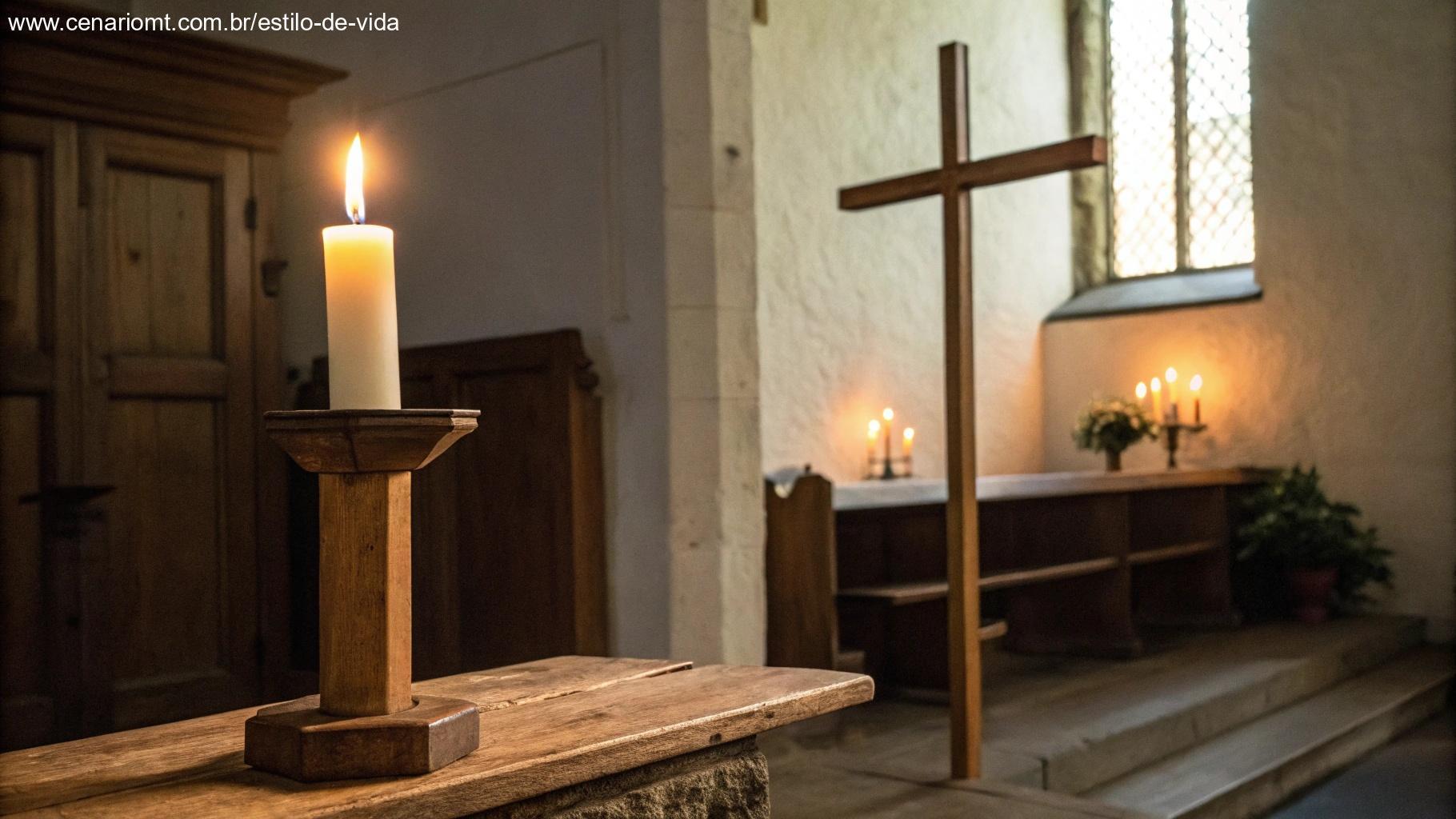 Vela acesa em uma capela silenciosa, projetando uma luz suave sobre uma cruz de madeira simples