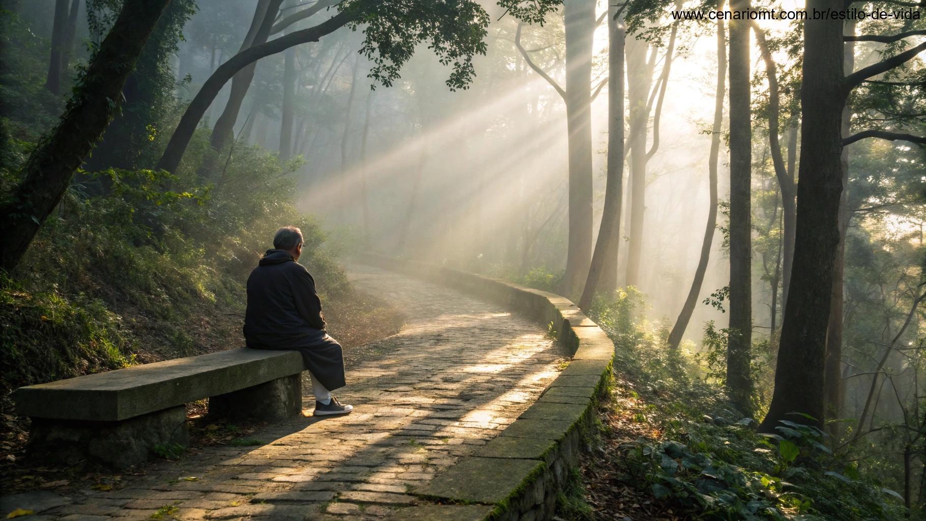 Imagem de uma pessoa meditando em um banco de pedra em meio à floresta ao amanhecer