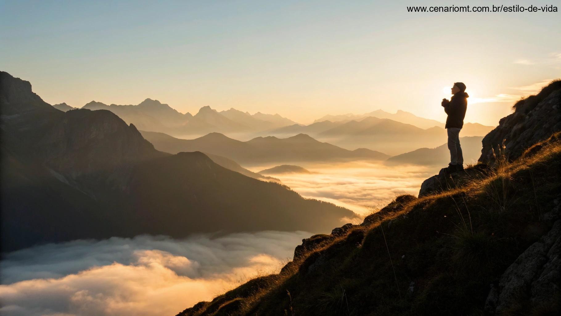 Paisagem de montanha ao amanhecer com uma pessoa orando no alto de um penhasco