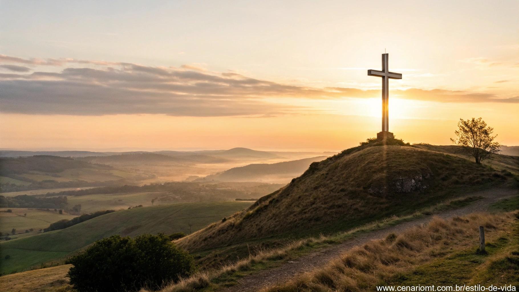 Uma cruz brilhante no topo de uma colina, iluminada pela luz suave do pôr do sol, representando a reflexão da fé.