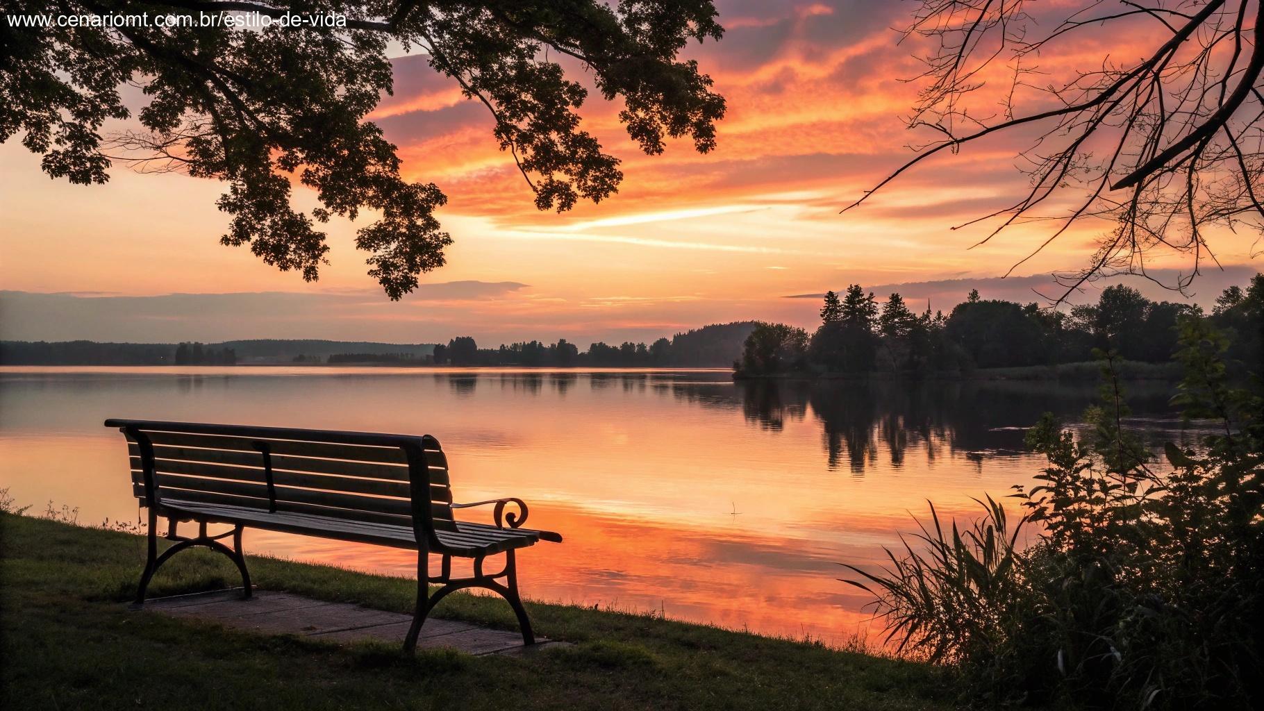 Banco vazio diante de um pôr do sol sobre um lago, convidando à reflexão