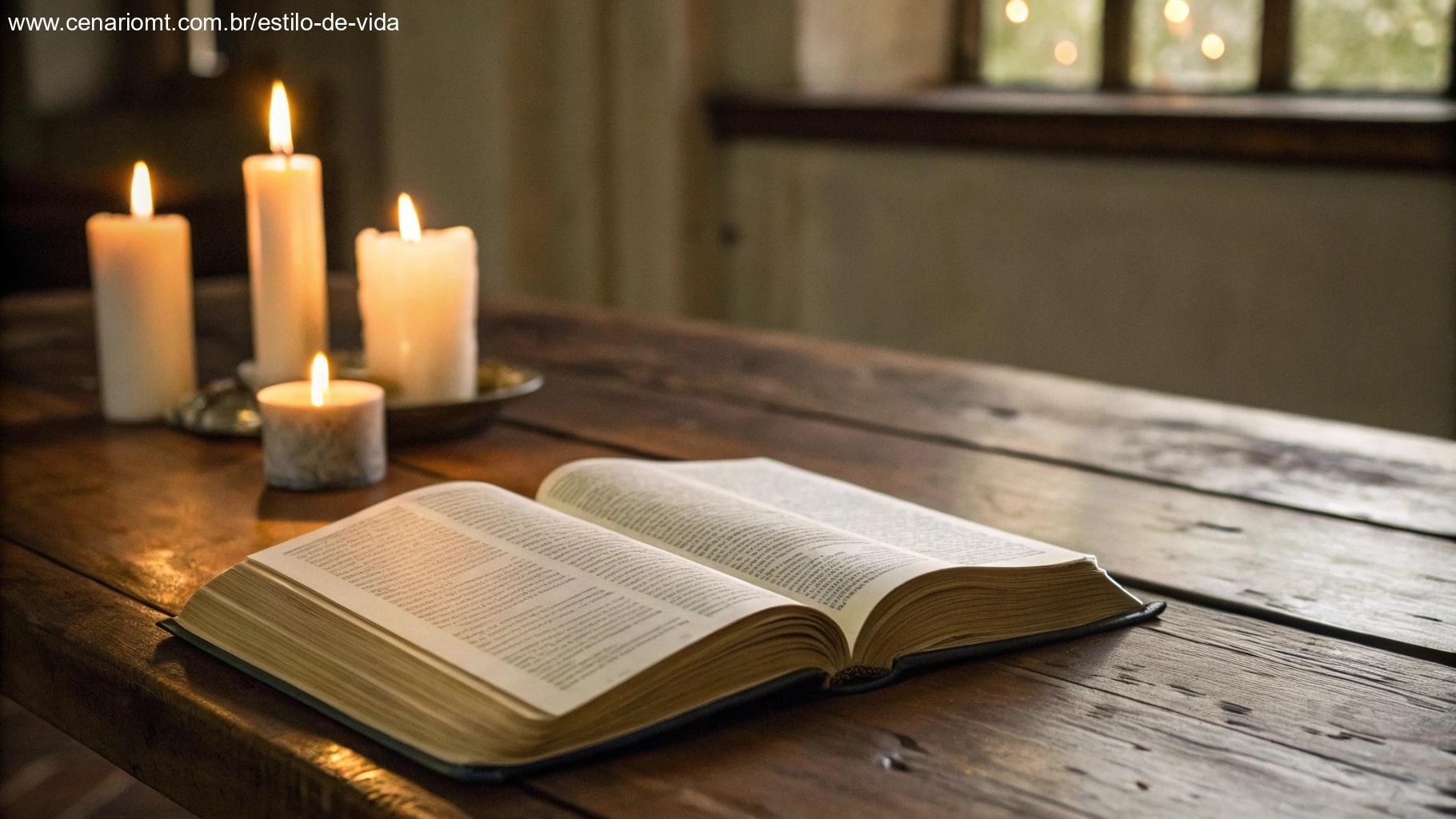 Livro de Salmos aberto com vela acesa ao lado, em ambiente tranquilo