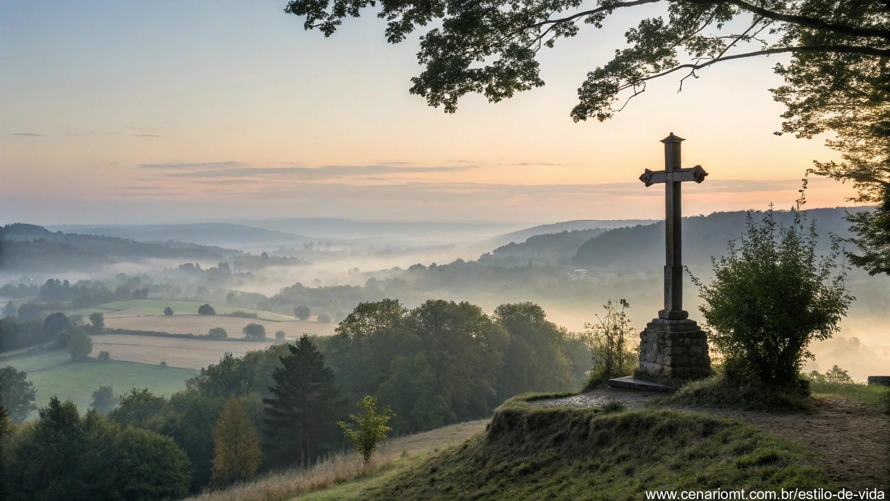 Paisagem tranquila ao amanhecer com cruz no topo de colina