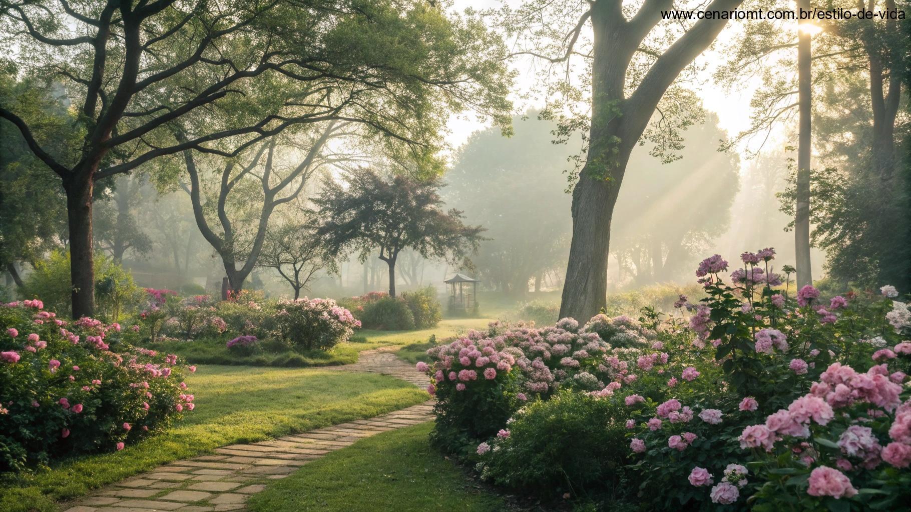 Ambiente tranquilo ao ar livre com um jardim de flores em flor, luz suave filtrando pelas árvores e uma brisa suave movendo as folhas, simbolizando reflexão, calma e gratidão pelo dia.